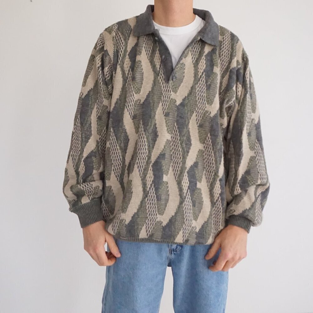 VTG Salmon River Traders Textured Knit Cabincore Eclectic Grandpa Sweater 2XLT